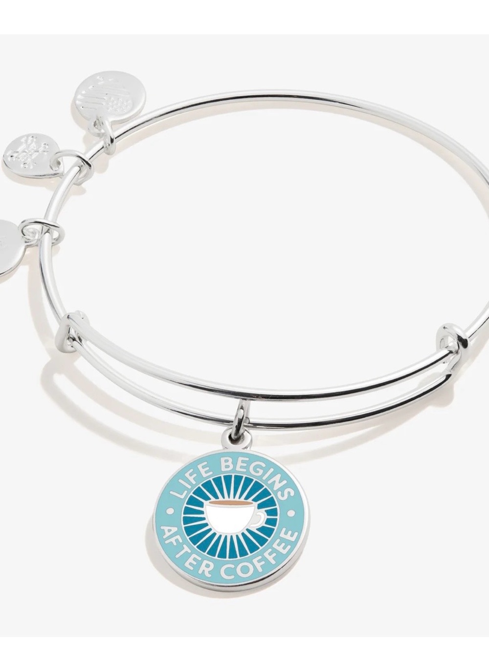 Alex and Ani Silver Bangle with Blue Enamel 'Life Begins After Coffee' Charm
